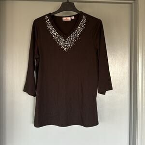Quacker Factory Women's sz M  Beaded Pullover Top 3/4 Sleeves